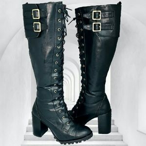 REPORT SIGNATURE 7 BLACK BUCKLE TALL COMBAT MILI LACE UP ZIP BOOTS